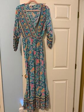 SHEIN Teal Floral Wrap Maxi Dress with Pink & Yellow Blooms!